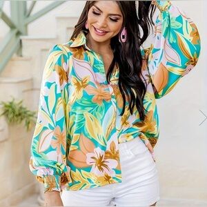 Pink Lily Vibrant Floral Satin Button Front Blouse Size M